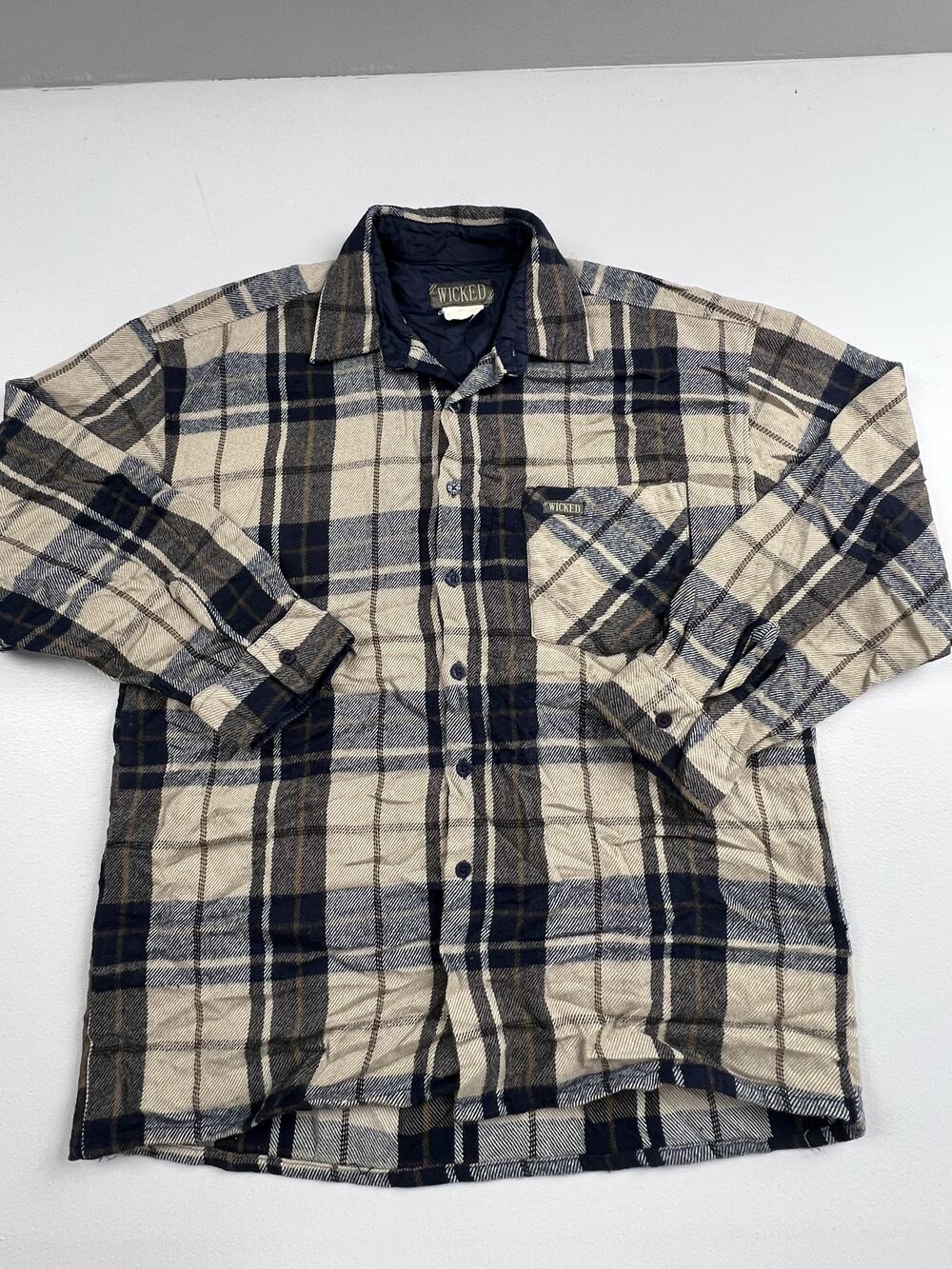 Wicked Shirt Mens Beige Plaid Flannel Lined Long Sleeve Button Up Read